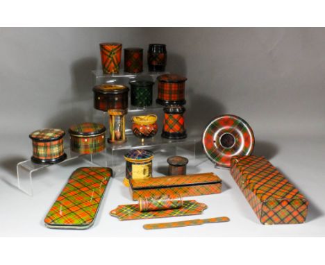 A Victorian Mauchline ware "Prince Charlie" Tartan ware glove box, 9.25ins x 3.25ins x 2ins high, a circular powder box in th