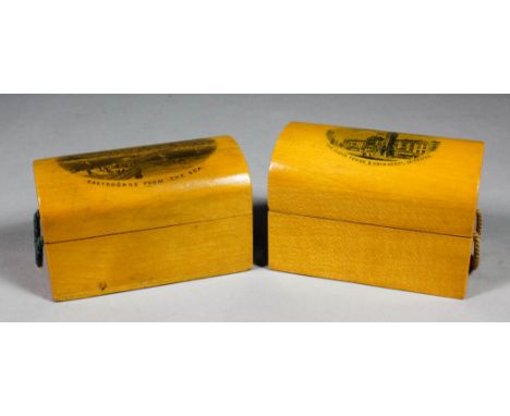 A Victorian Mauchline ware domed trunk pattern box with view of "Eastbourne from the Sea", and another with "The Clocktower a