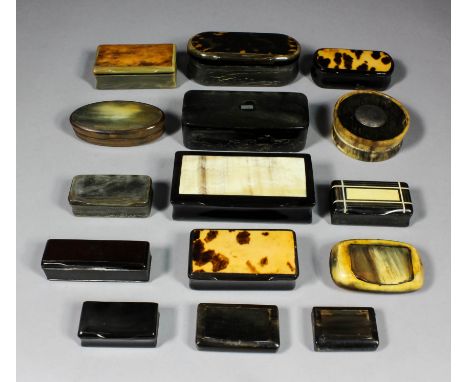 A Victorian rectangular horn snuff box with blonde tortoiseshell panel to lid, and fourteen other horn and tortoiseshell snuf