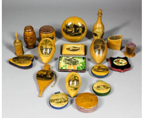 A Victorian Mauchline ware  darning mushroom, the face with  "The Ancient Entrance Gate, Sterling Castle", bought in the Doug