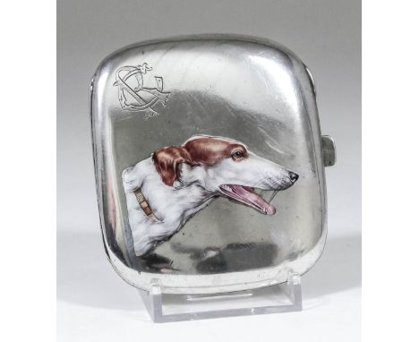 An early 20th Century Continental silvery metal and enamel cigarette case, the lid enamelled with the head of a Borzoi and en