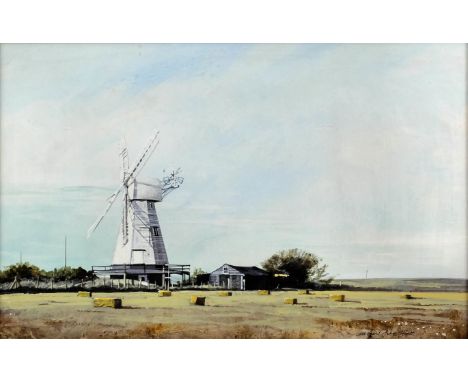 ***Michael John Hunt (born 1941) - Oil painting - Landscape looking towards Sandwich windmill, panel 7.25ins x 11.25ins, sign