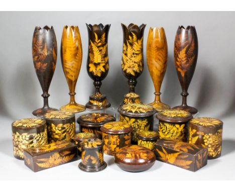 A pair of Victorian Mauchline ware Fern ware goblet pattern vases, 9.25ins high, and two other similar pairs, a powder box wi