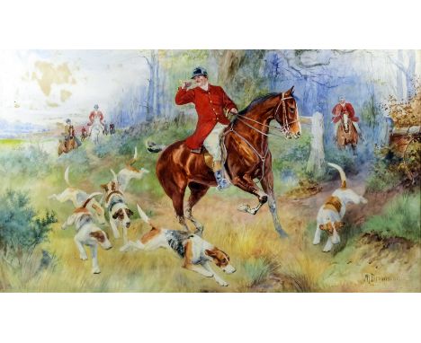 *** Nora Drummond-Davies (1862-1949) - Watercolour - Hunting scene with huntsman and dogs, 16ins x 28ins, signed, in gilt fra
