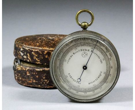 A late 19th Century French brass cased pocket barometer "Barometre Holosterique" by H.N. & P.B, with silvered scale and mould