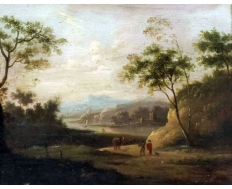 Late18th/early 19th Century English school - Oil painting - Romantic landscape with two figures and cattle on track to foregr