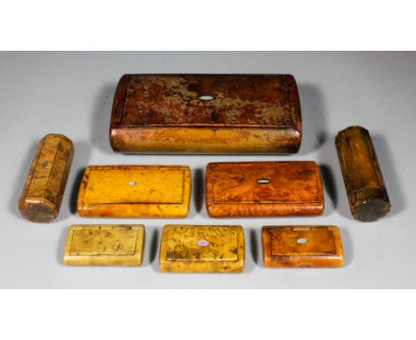 A Victorian Treen ware rectangular table snuff box with burrwood lid inlaid, with oval mother-of-pearl plaque and tortoiseshe