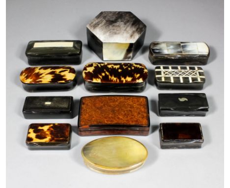 A Victorian burrwood and tortoiseshell rectangular snuff box of curved form, inlaid with silvery metal stringings, 3.75ins x 