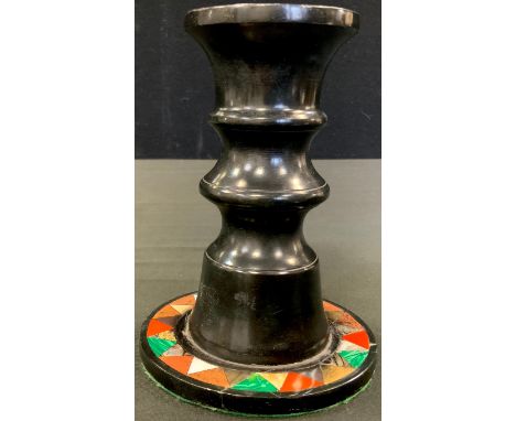 An Ashford marble candlestick, the base inlaid in chevrons with coloured stones, 14cm high, c.1870 