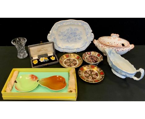 A Royal Crown Derby 1128 trinket dish;  cased floral brooch and earrings suite;  Carltonware, Abbeydale etc 
