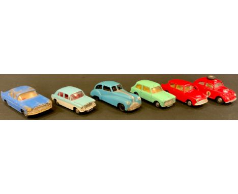 Spot-On Toys - Ford Anglia, red;  M G 1100, two tone blue and white;  Austin A 40;  Vauxhall Cresta;  Volkswagen Beetle;  tin