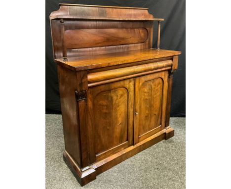 A Victorian rosewood chiffonier sideboard, quarter galleried top with single shelf and turned supports, above a long drawer, 