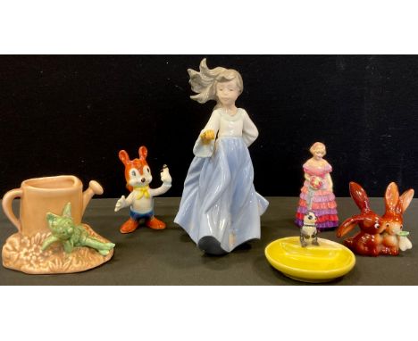 A Royal Doulton figure, Bridesmaid, M30;  a Sylvac spill vase, with a gnome, 2277;  a Wade Panda whimtray;  a Goebel twin rab