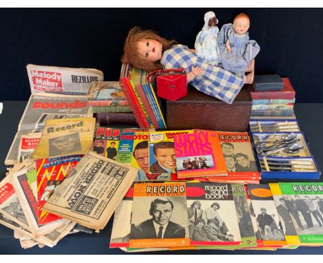 A Pedigree hard plastic doll;  a pine deed box;  books;  mid 20th century magazines; Wade Whimsies - Tom and Jerry; others, m
