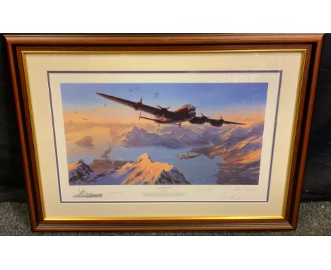 Nicolas Trudgian, by and after, Sinking the Tirpitz, coloured print, signed by Dambuster 617 Squadron include Bas Knight, Ton