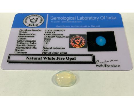 Loose Gemstone - natural white fire opal, oval cabochon, GLI certificate 