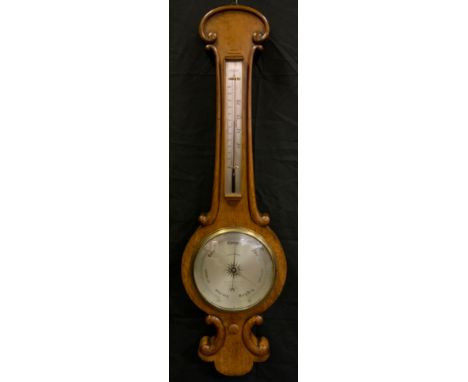 A late 19th century Callaghan of New Bond Street oak barometer thermometer, silvered scales, 95cm high 