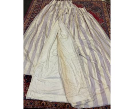 A large pair of inter-lined Silk curtains, stripe design, pinch pleats, 430cm long x 320cm wide. 