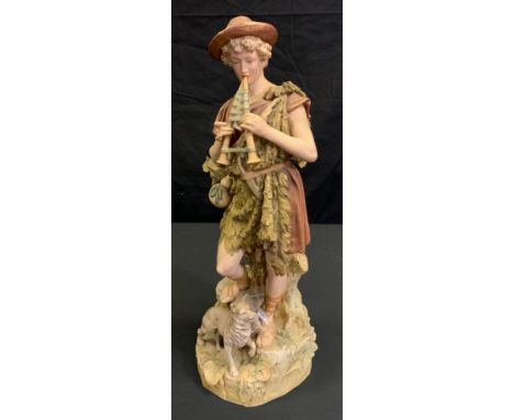 A large Royal Dux figure, of a shepherd, playing the pipes, a dog at his feet, 51cm high, pink triangle mark, 271 