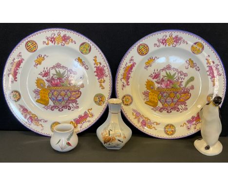 A pair of Wedgwood Basket pattern, 26.5cm diameter dinner plates;  Poole model Penguin etc 