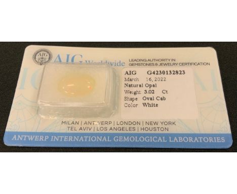 Loose Gemstone - a natural fire opal, oval caochon, 3.02ct, AIG Milan sealed, certificate 