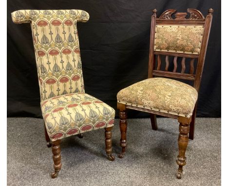 A Victorian Prie Dieu chair, with art nouveau style upholstery, turned mahogany legs, ceramic castors, 94cm tall;  a Victoria