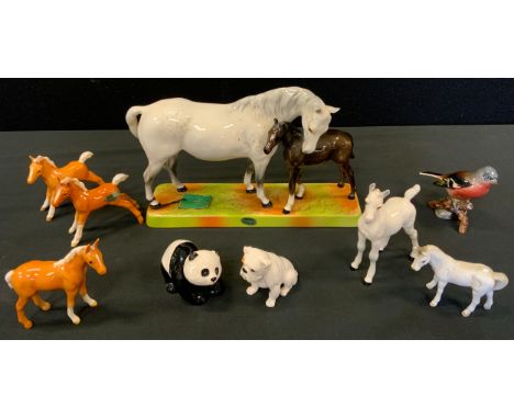 Beswick Mare and Foal - grey mare with dark brown foal on ceramic grass base, No 1181;  other foals, panda bear, bull dog; ot