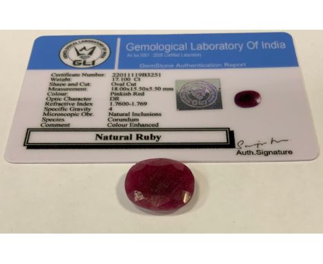 Loose Gemstone - a natural ruby,  oval cut, 17.1ct, GLI  certificate 