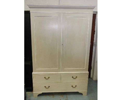 WARDROBE, in a distressed grey and white painted finish with two panelled doors enclosing a hanging rail above two short and 