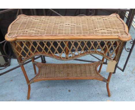 CONSOLE TABLE, Ralph Lauren style two tone rattan with cross hatch weave frieze and undertier, 91cm x 77cm H x 37cm.