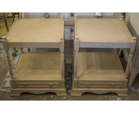 LAMP TABLES, a pair, Georgian style grey painted each with square top and base drawer, 56cm H x 46cm. (2)