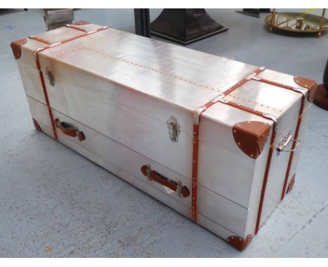 FLIGHT COMMANDERS TRUNK, aviator style design, rise up top with drawer at base, 120cm x 40cm x 46cm. 