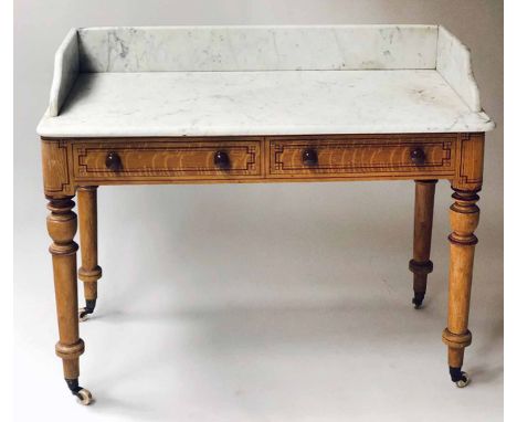 WASHSTAND, Victorian original grained oak and line painted with three quarter galleried marble top above two frieze drawers, 