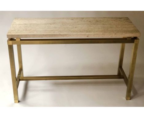 CONSOLE TABLE, 1970's rectangular travertine top raised upon stepped lacquered brass square section supports, 122cm x 45cm x 