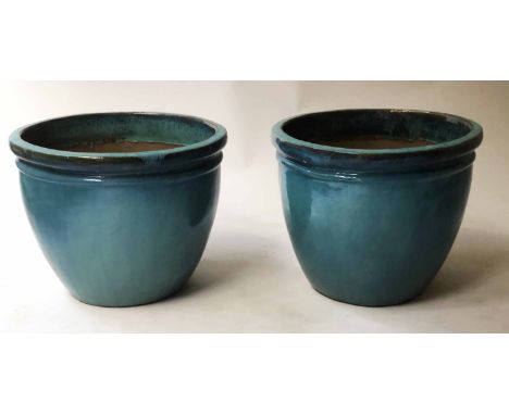 PLANTERS, a pair 'Moorcroft' blue ceramic, circular rimmed, 49cm Diam x 40cm H. (2)