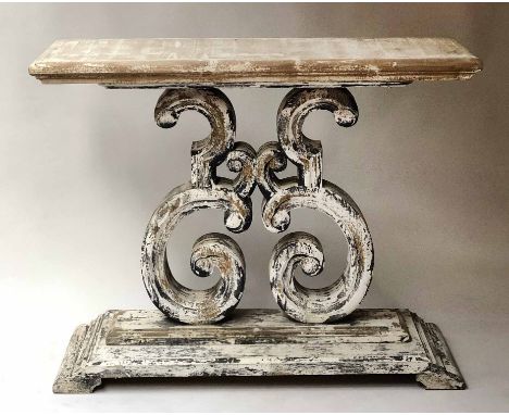 CONSOLE TABLE, Italian style rectangular raised upon distressed grey painted C scroll support, 88cm H x 110cm W x 37cm D.