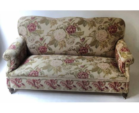 NEEDLEPOINT SOFA, early 20th century English country house style floral linen needlepoint upholstered with bun front supports