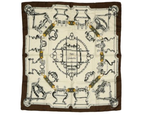 HERMES"Mors et gourmettes" twill carrŽ scarf90 cm silk brocade carrŽ scarf, beige ground with brown border, signed Henri D'OR