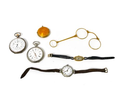 Lot of four watches, a compact, and an eyepieceBinocular and watch by Leroy & Sons, made of gold, two metal pocket watches by