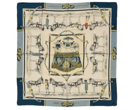 HERMES"Harnais ˆ l'anglaise" twill carrŽ scarf90 cm twill silk carrŽ scarf, off-white ground with blue-grey border, signed Hu