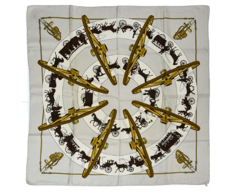 HERMES"Paris qui roule" twill carrŽ scarf90 cm twill silk carrŽ scarf, depicting carriages and Brides de Gala on a beige grou