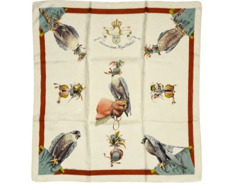 HERMES"Fauconnerie, Royal dŽduit" twill carrŽ scarf90 cm twill silk carrŽ scarf, beige ground with brick-red border, signed H