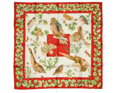 HERMES"La vie au grand air" twill carrŽ scarf90 cm twill silk carrŽ scarf, beige ground with red border, signed Antoine DE JA