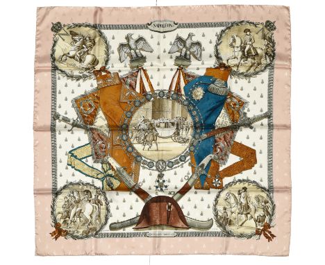 HERMES"NapolŽon" silk brocade carrŽ scarf90 cm silk brocade carrŽ scarf, beige ground with pink border, signed Philippe Ledou