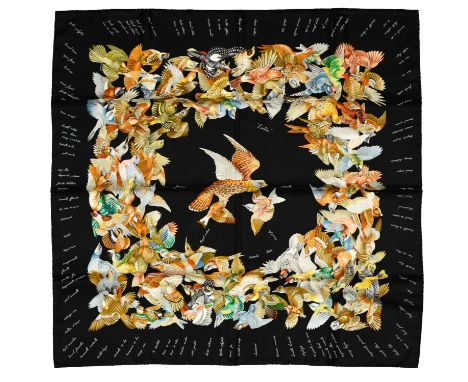 HERMES "L'intrus" twill carrŽ scarf 90 cm twill silk carrŽ scarf, black ground and border, signed Antoine DE JACQUELOT. First