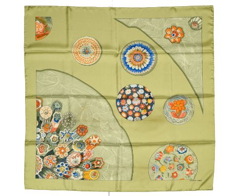 HERMES"Sulfures et presse - papiers II (dŽtail)" twill carrŽ scarf90 cm twill silk carrŽ scarf, anise green ground and border