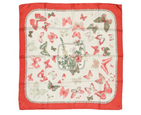 HERMES"Farandole" twill carrŽ scarf90 cm twill silk carrŽ scarf, beige ground with pink border, signed Cathy LATHAM. First ed