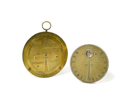 Lot composed of a pocket sundial and a travel barometerGREAT BRITAINGilt metal. The sundial's deck has a compass, the baromet