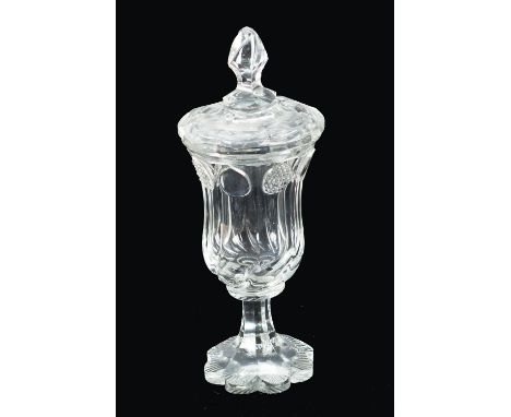 Bohemian glass goblet, transparent glass, round shape with central foot, octagonal cutted and fluted with several cutted fiel