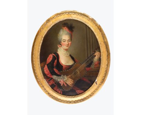 Marie Louise Élisabeth Vigée-Lebrun (1755-1842)-circle, Portrait of a court lady sitting on a chair playing a guitar; oil on 